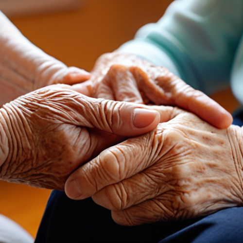 **A caregiver gently holding the hand of an elderly person with dementia, soft focus, warm lighting, emphasizing connection and empathy.** (This prompt focuses on the human connection aspect of dementia care.)