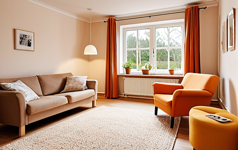 **A brightly lit, dementia-friendly living room in a Swedish home. Focus on clear signage, minimal clutter, and warm, inviting colors. Include personal touches like framed family photos and a comfortable armchair near a window with natural light.** (This visualizes the environment adaptation section, creating a safe and stimulating space.)