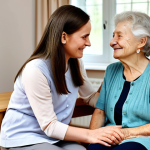 A professional female caregiver, mid-30s, with a gentle smile, wearing a modest, light-colored tunic and trousers, softly holding the hand of a serene elderly woman, aged 80s, who is fully clothed in a comfortable, family-friendly cardigan and blouse. They are seated at a wooden table in a bright, tastefully decorated common room with large windows in a modern care facility. The atmosphere is warm and comforting, emphasizing human connection and dignity. The caregiver is looking respectfully at the elderly woman, conveying empathy. perfect anatomy, correct proportions, natural pose, well-formed hands, proper finger count, natural body proportions, professional photography, high quality, safe for work, appropriate content, fully clothed, modest, family-friendly.