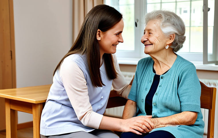 A professional female caregiver, mid-30s, with a gentle smile, wearing a modest, light-colored tunic and trousers, softly holding the hand of a serene elderly woman, aged 80s, who is fully clothed in a comfortable, family-friendly cardigan and blouse. They are seated at a wooden table in a bright, tastefully decorated common room with large windows in a modern care facility. The atmosphere is warm and comforting, emphasizing human connection and dignity. The caregiver is looking respectfully at the elderly woman, conveying empathy. perfect anatomy, correct proportions, natural pose, well-formed hands, proper finger count, natural body proportions, professional photography, high quality, safe for work, appropriate content, fully clothed, modest, family-friendly.