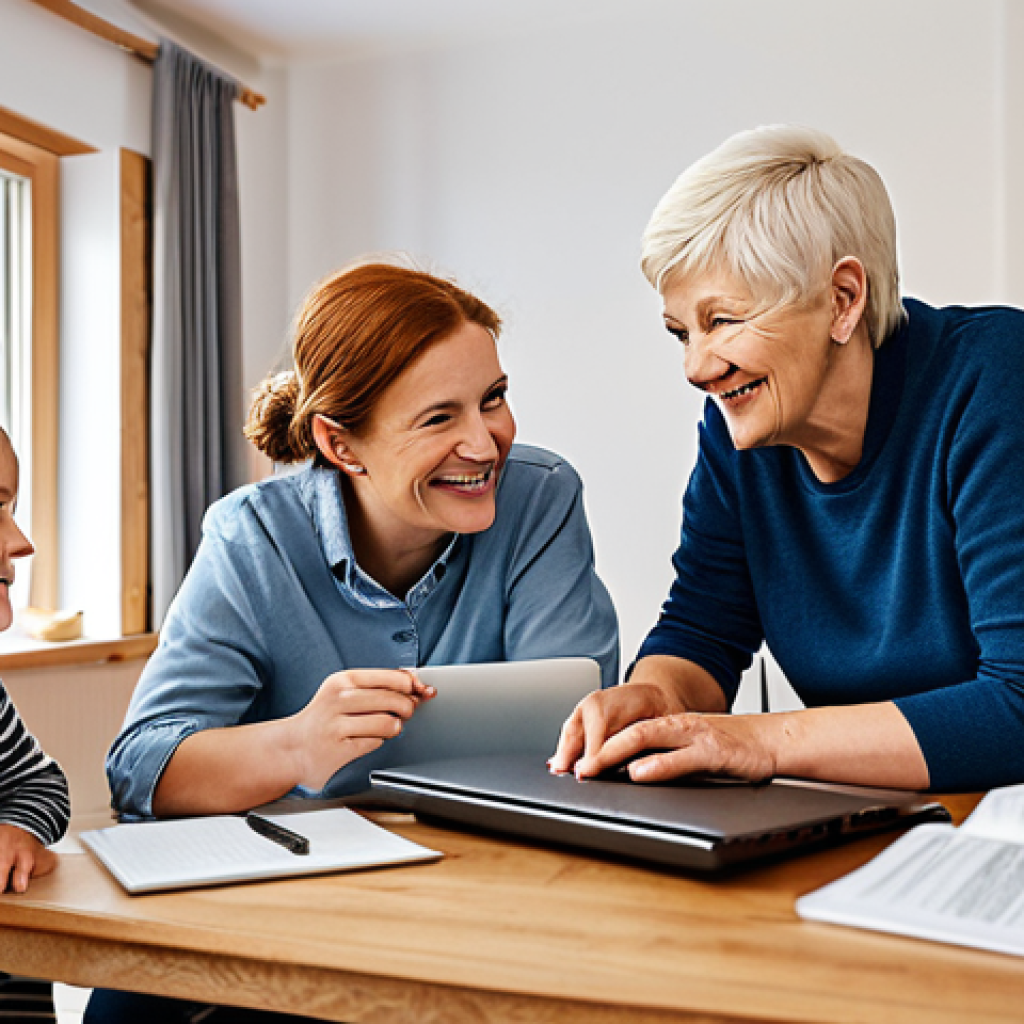 Family Meeting in a Cozy Home**

"A family is gathered around a wooden table in a bright, Scandinavian-style living room. Three generations are present, including an elderly woman with a kind smile. They are looking at each other and appear to be engaged in conversation. A laptop and some notes are on the table. Everyone is fully clothed in comfortable, everyday attire. Safe for work, appropriate content, family-friendly, professional photography, perfect anatomy, natural pose, modest clothing. Focus on warmth and connection."

**
