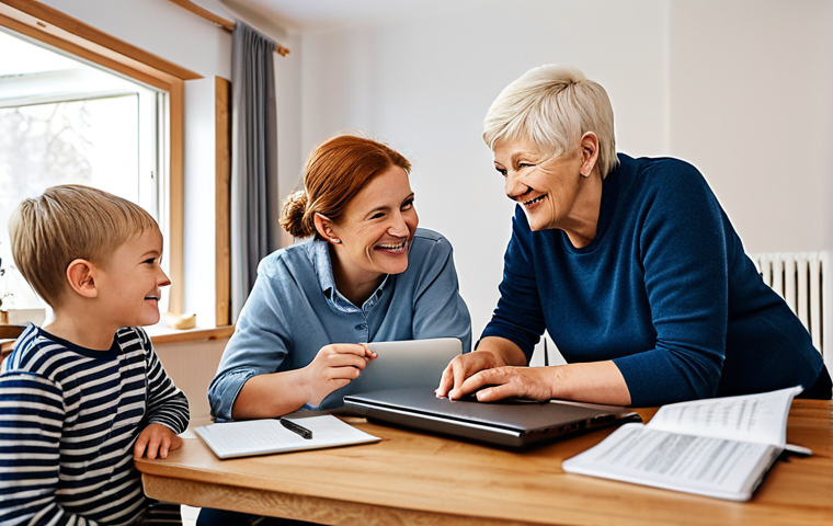 Family Meeting in a Cozy Home**

"A family is gathered around a wooden table in a bright, Scandinavian-style living room. Three generations are present, including an elderly woman with a kind smile. They are looking at each other and appear to be engaged in conversation. A laptop and some notes are on the table. Everyone is fully clothed in comfortable, everyday attire. Safe for work, appropriate content, family-friendly, professional photography, perfect anatomy, natural pose, modest clothing. Focus on warmth and connection."

**
