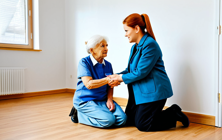 Balancing Privacy and Family Needs**

"A compassionate care worker in a bright, modern Swedish care facility, fully clothed in a professional uniform, kneels to talk to an elderly woman while a concerned middle-aged daughter looks on from a respectful distance. The setting suggests a cozy and supportive environment. safe for work, appropriate content, professional, perfect anatomy, correct proportions, well-formed hands, natural pose, modest attire."

**