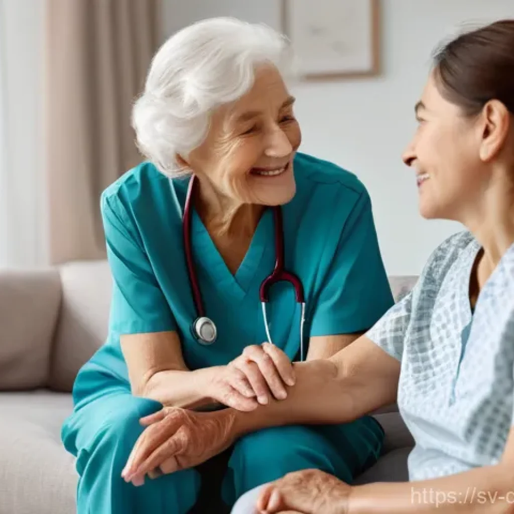치매관리사 자격증 시험 필수 주의사항 - A compassionate female caregiver, dressed in a modest, soft-colored uniform (scrubs top and trousers...