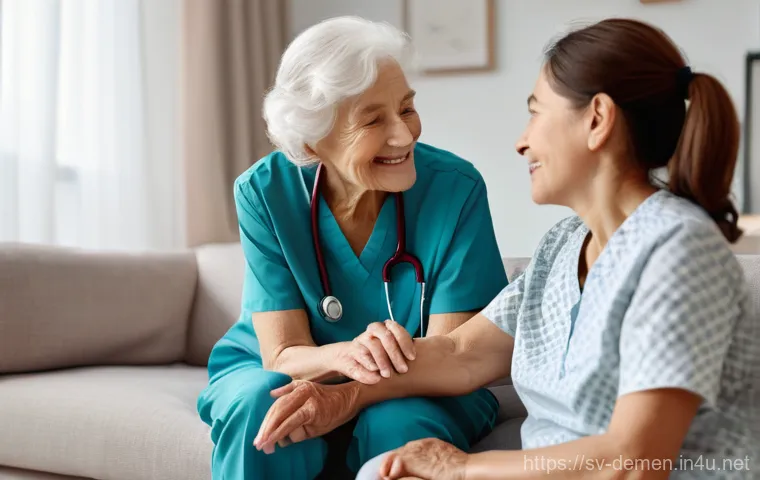 치매관리사 자격증 시험 필수 주의사항 - A compassionate female caregiver, dressed in a modest, soft-colored uniform (scrubs top and trousers...