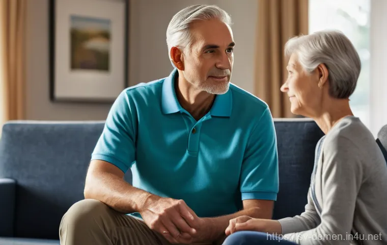 치매관리사 자격증 시험 필수 주의사항 - A compassionate female caregiver, dressed in a modest, soft-colored uniform (scrubs top and trousers...