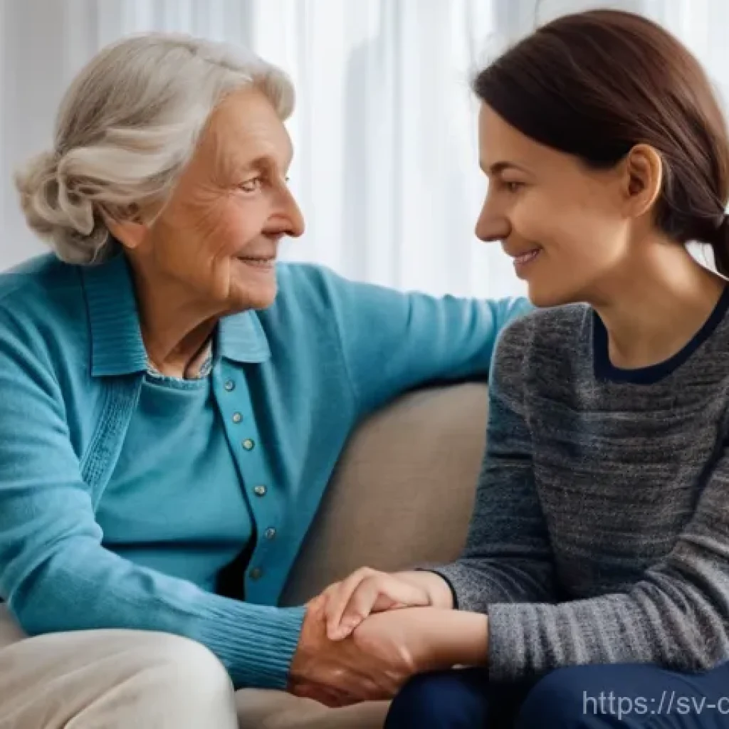 치매관리사와 환자 가족 간 갈등 조정 - **Prompt:** A heartwarming and gentle portrait of a middle-aged daughter lovingly holding the hand o...