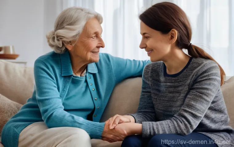 치매관리사와 환자 가족 간 갈등 조정 - **Prompt:** A heartwarming and gentle portrait of a middle-aged daughter lovingly holding the hand o...
