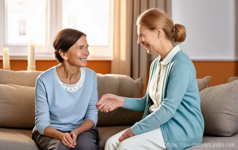 치매관리사 면접에서 실수하지 않는 법 - **Prompt:** A gentle and heartwarming scene depicting a kind-faced female caregiver, in her 40s, war...