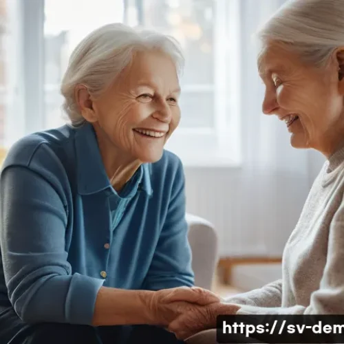 치매관리사 초보자를 위한 가이드 - A compassionate caregiver gently assisting an elderly Swedish woman with mild dementia in a cozy, we...