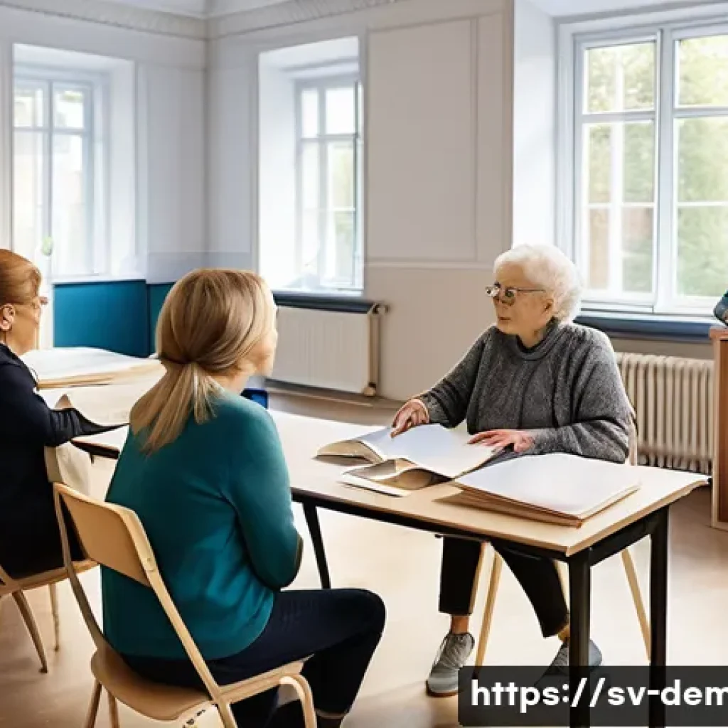 치매관리사 교육 비용 비교 - A professional classroom setting in Sweden, showing a diverse group of adult students engaged in a d...