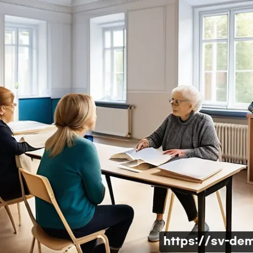 Home 13 치매관리사 교육 비용 비교 - A professional classroom setting in Sweden, showing a diverse group of adult students engaged in a d...