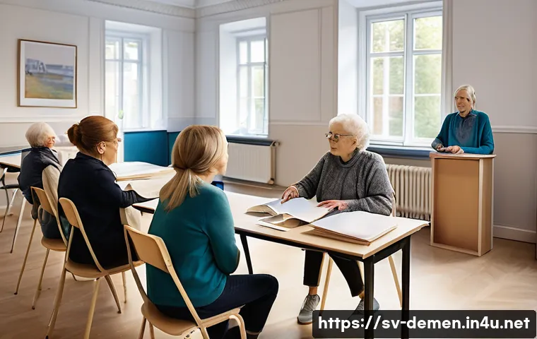 치매관리사 교육 비용 비교 - A professional classroom setting in Sweden, showing a diverse group of adult students engaged in a d...