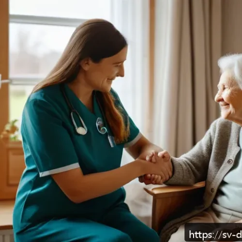 치매관리사 직업에 대한 오해와 진실 - A compassionate dementia caregiver gently holding the hand of an elderly Swedish woman in a cozy, we...