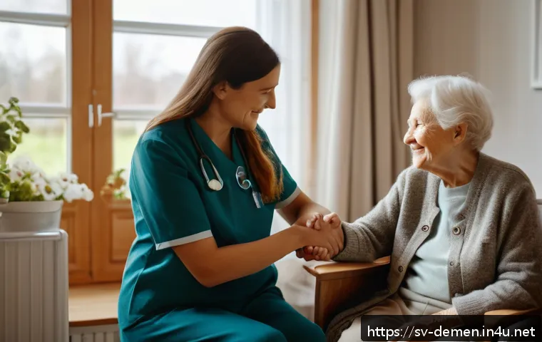 치매관리사 직업에 대한 오해와 진실 - A compassionate dementia caregiver gently holding the hand of an elderly Swedish woman in a cozy, we...