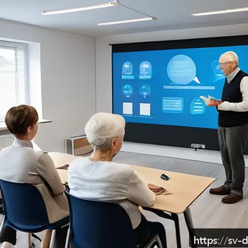 치매관리사 취업 시 유리한 자격증 - A professional Swedish dementia care training classroom scene showing diverse adult students attenti...