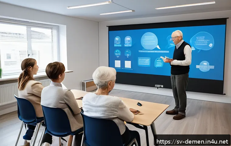 치매관리사 취업 시 유리한 자격증 - A professional Swedish dementia care training classroom scene showing diverse adult students attenti...