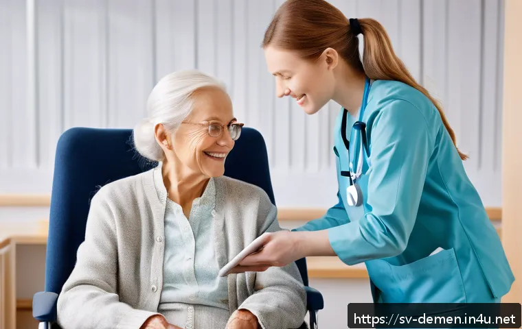 치매관리사 관련 기술 자격증 활용법 - A compassionate dementia care professional, wearing neat, modest work attire, gently assisting an el...