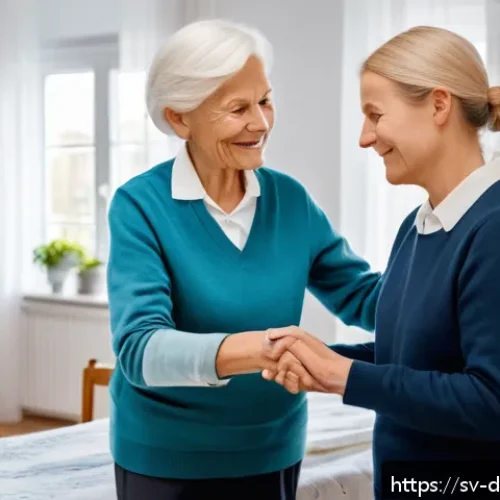 치매관리사 경력 개발 계획 세우기 - A compassionate dementia caregiver, wearing a neat uniform with a name tag, gently assisting an elde...
