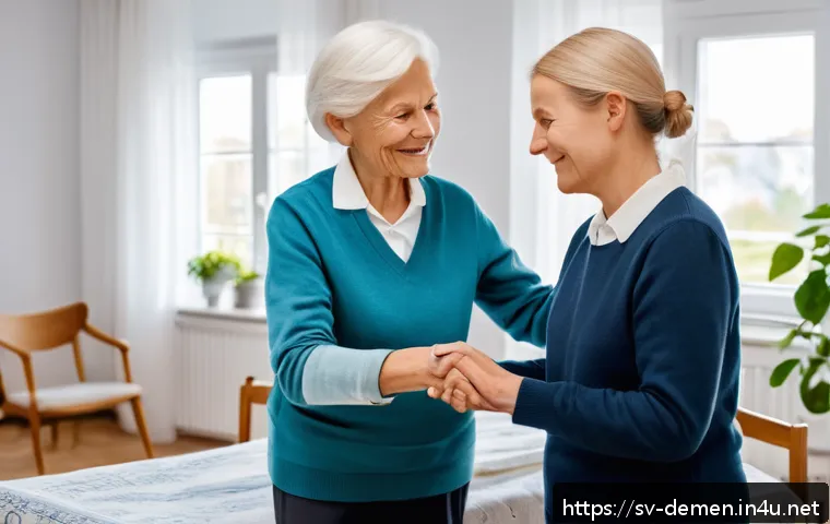 치매관리사 경력 개발 계획 세우기 - A compassionate dementia caregiver, wearing a neat uniform with a name tag, gently assisting an elde...